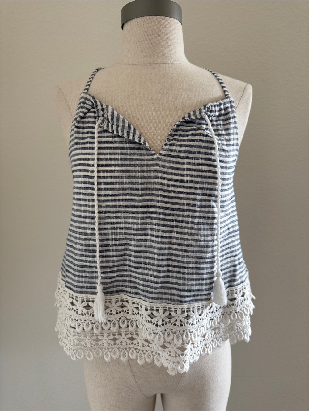 NWT Abercrombie & Fitch Navy and White Striped Crochet-Hem Cami, Size XL